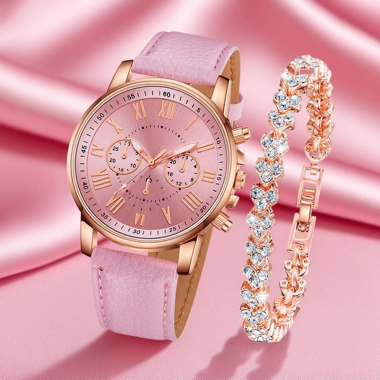 2pcs elegant and fashionable women's quartz watch and sparkling heart-shaped bracelet combination set holiday gift