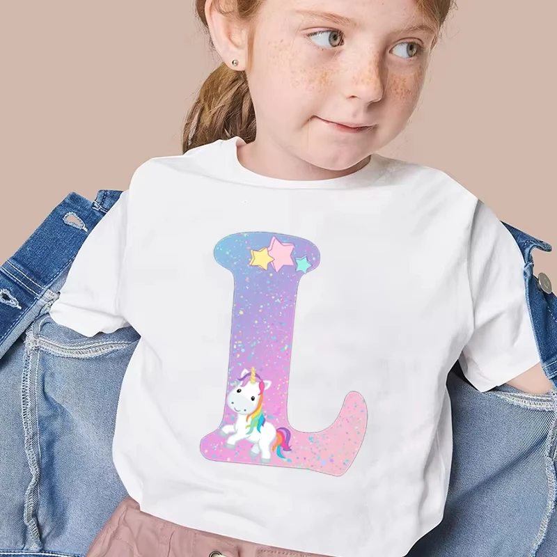 Unicorn Glitter Letter L Kids T-Shirt Rainbow 26 Initials Monogram Casual Tee Birthday Gift Girls Short Sleeve Fashion Y2K Tops