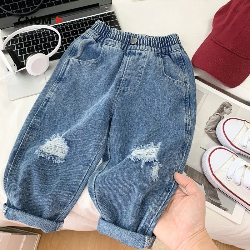 Toddler Boys' Spring Ripped Jeans, Korean Style Versatile Casual Pants, Kids' Straight Leg Trousers, Baby Loose Pants