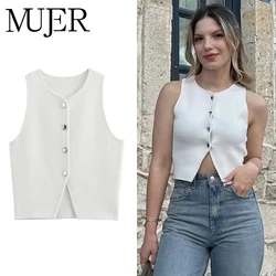 MUJER White Knit Crop Top Women Button Short Tops Woman 2025 Summer Tanks Camis Tops for Women Streetwear Vest Tank Top Female