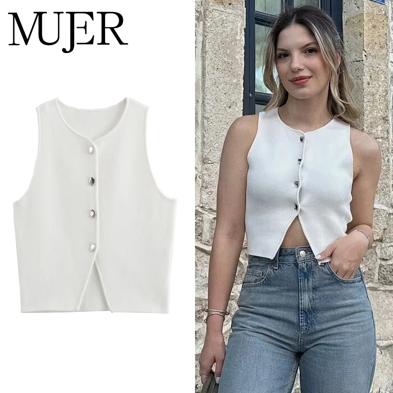 MUJER Biały Krótki Top Dzianinowy Damski Zapinany na Guziki Krótkie Bluzki Damskie Lato 2025 Tank Topy Camis Damskie Streetwear Kamizelka Tank Top Damski