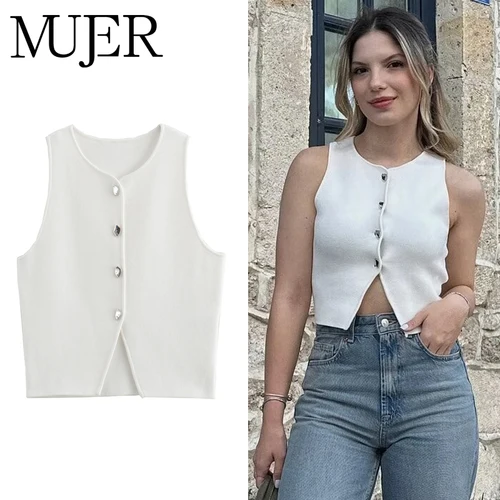 MUJER-Top corto de punto blanco para mujer, Tops cortos con botones, camisetas sin mangas de verano para mujer, ropa de calle, chaleco, camiseta sin mangas para mujer 2025