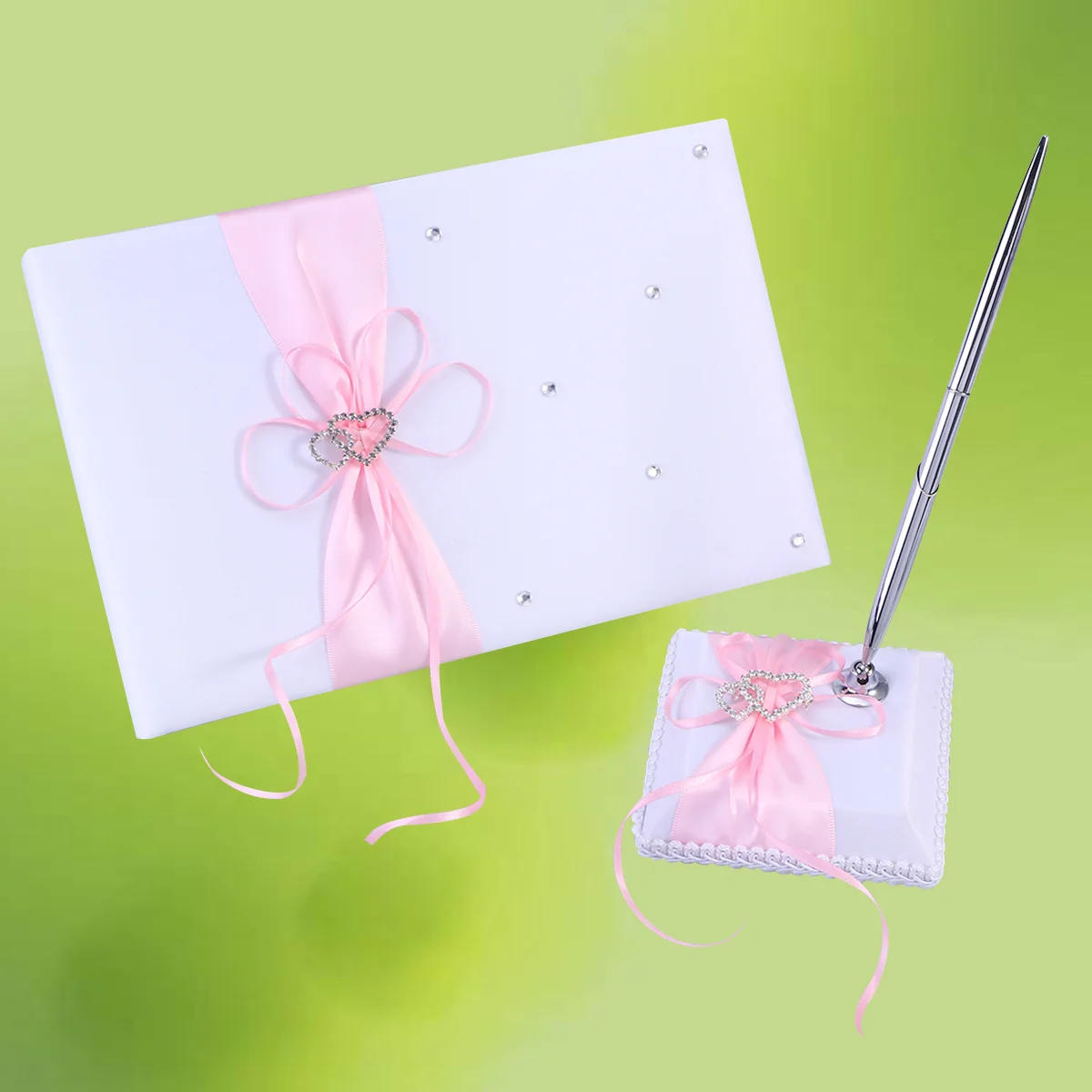 

Wedding Guest Book Set With Pen Stand Satin Bows Sign-In Book Party Decoration Supplies Accessories Romantic Signature Album Red