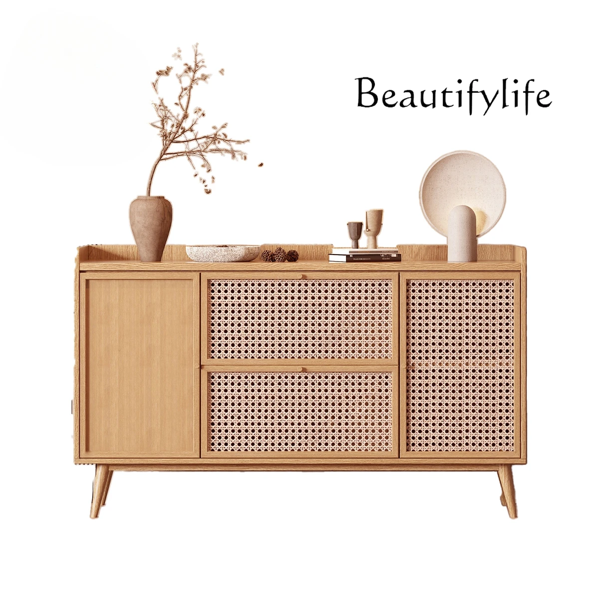 

Japanese-style wabi-sabi wind solid wood dining side cabinet household rattan household living room decorative storage cabinet