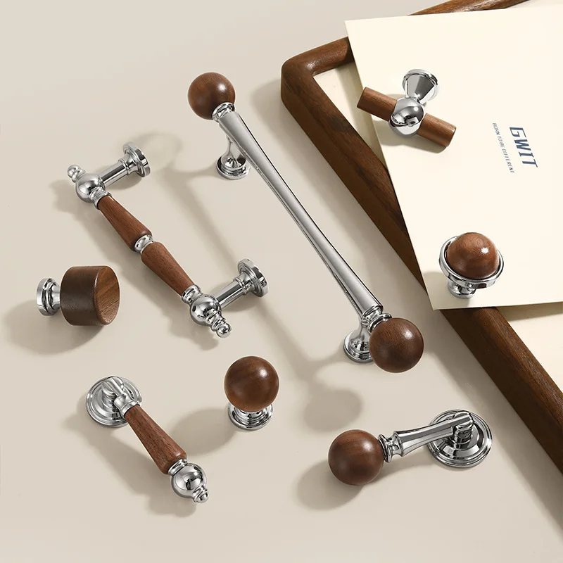 Mid‑Century Style Walnut Wood Brass Round Ball Knob, Cabinet Drawer Wardrobe Shoe Cabinet Door Pull Handle