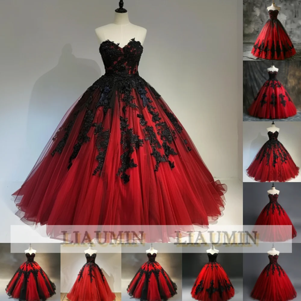 Red Tulle And Black Lace Applique Ball Gown Strapless Full Length Evening Formal Occasion Party Prom Dress Hand Made W14-25