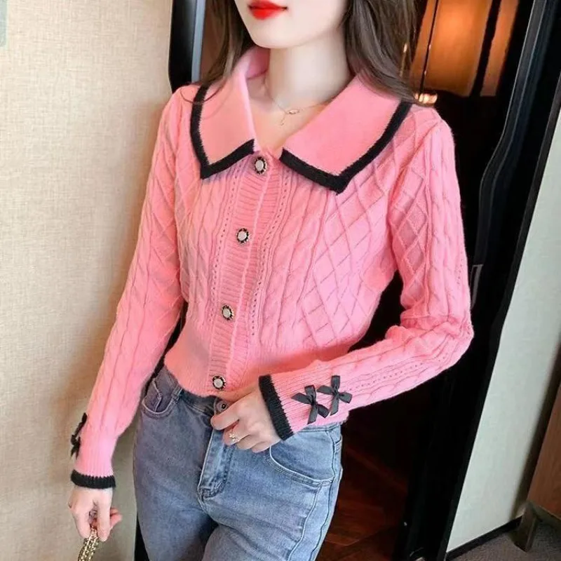 Women Autumn Winter Sweet Kawaii Buttons Bow Sweater Turn-down Collar Women Clothes Cute Lively Cardigan Sweater Coat Knitwear