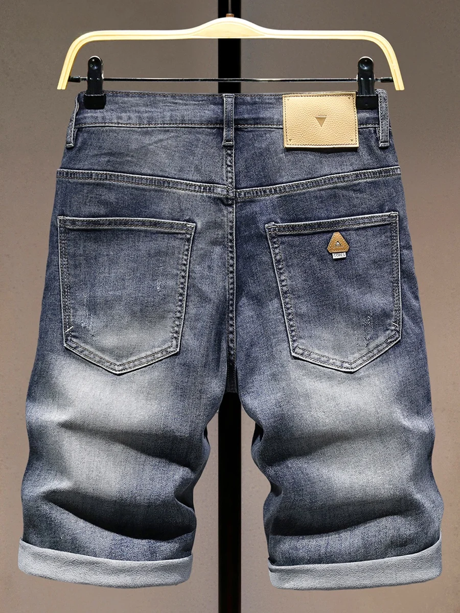 

Высококачественные хлопковые стрейчевые джинсовые шорты для мужчин, летние, новые, эластичные, прямого кроя, со средней посадкой, молодежные, модные, универсальные.