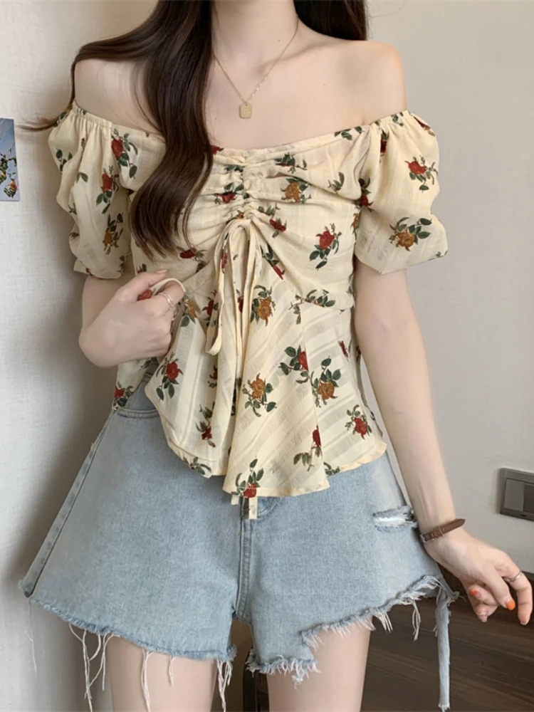 

Floral Print Short Sleeve Chiffon Shirt Women's Summer Fashion plus Size Slimming Short Length Sweet And Spicy One Shoulder Top