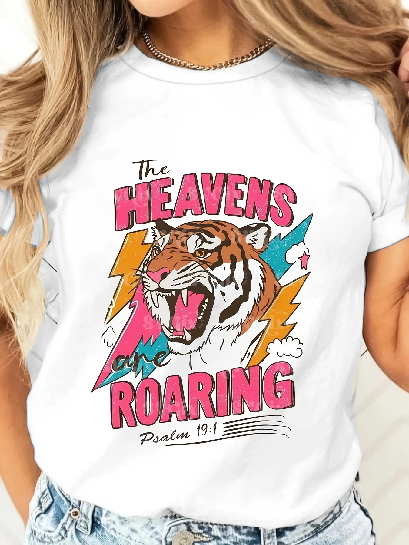 The Heavens Are Roaring Tiger Graphic T-Shirt, Christian Bible Verse Psalm 19:1 Religious Faith Apparel, Church Worship Daily