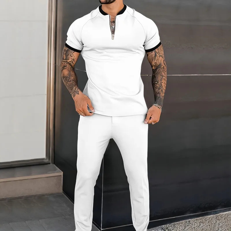 2023 Men\'s High-end Casual Zipper Solid Color Fashion Lapel Pants Short Sleeve Casual Spring Suit