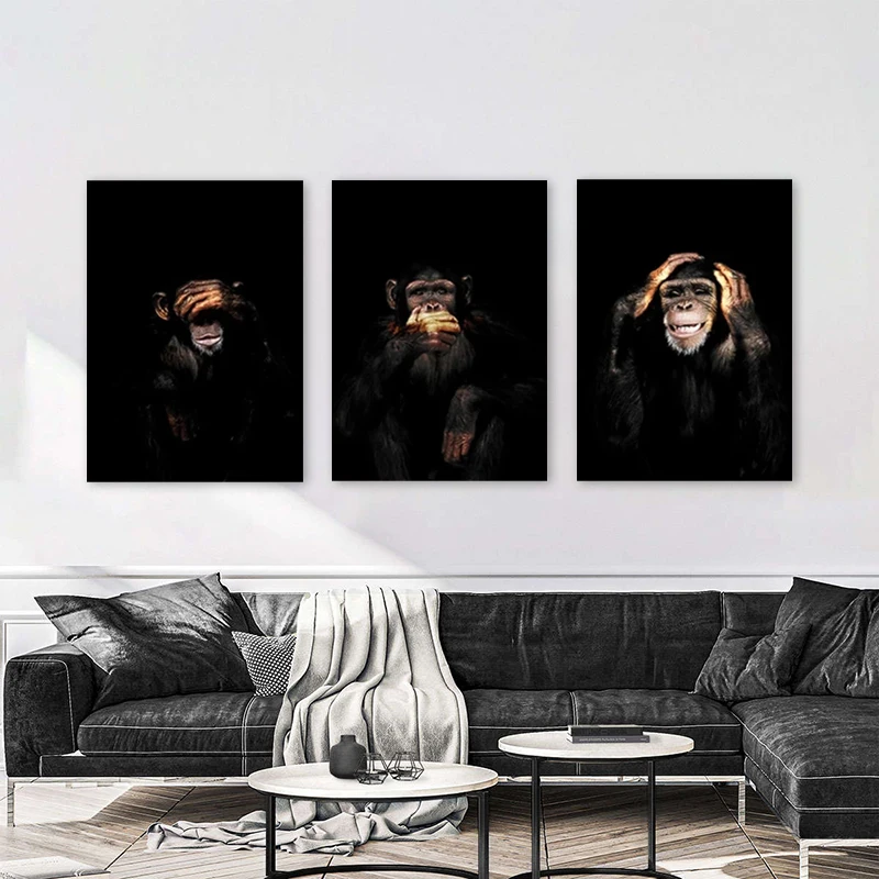 3 Monkeys Canvas Painting Animal Posters and Prints Wall Art for Living Room Modern Home Decor No Speak No See No Listen Picture