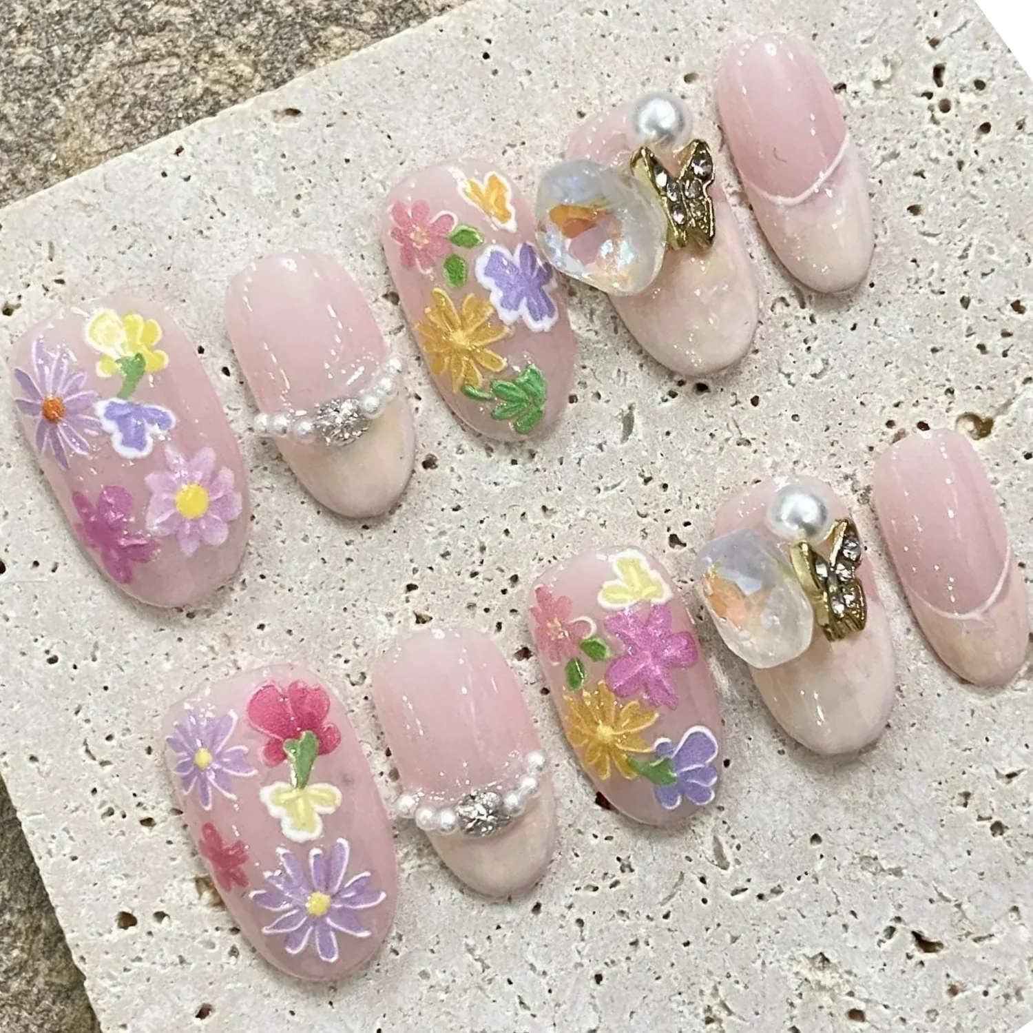 

10Pcs Short Handmade Pink Press on Nails Spring French Rhinestone Full Cover Fake Nail Plaid Manicure Wearable Nail Tips Art