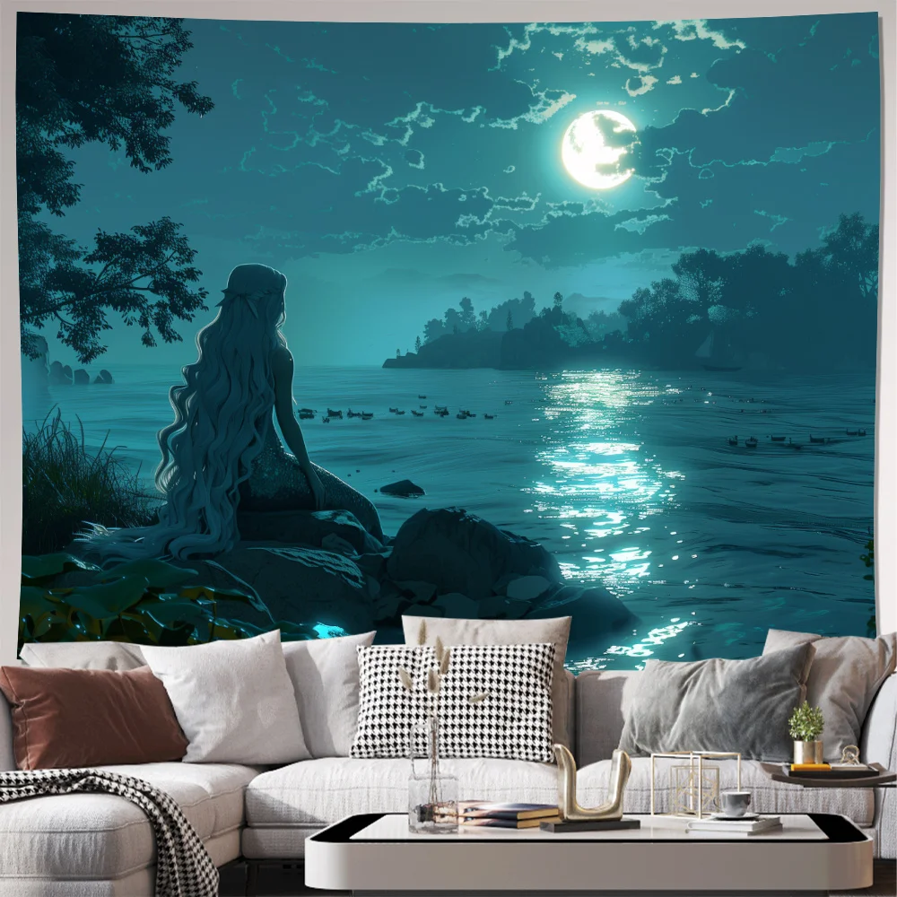 Huge Mermaid Fantasy Tapestry Wall Art Ocean Moonlight Dream Scene Printed Decorative Room Decor Background Poster 150x230cm