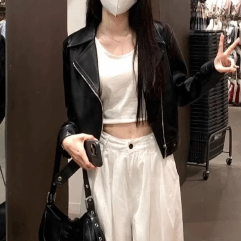 Classic Pleated Leather Jacket Women Korean Chic Outerwear Zipper Overcoat Lapel Collar Windbreaker Jackets Y2k Streetwear