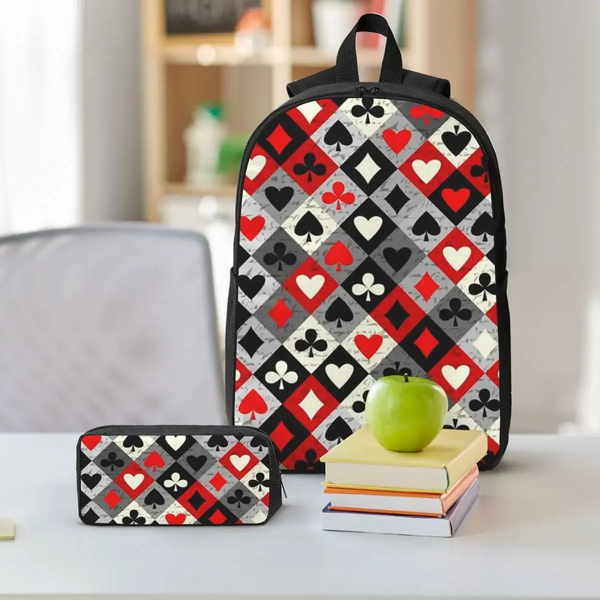 Playing Cards Poker Print Backpack Boys Girls BookBag School Bag Computer Shoulder Bags 3ps Insulated Lunch Bag Pencil Case