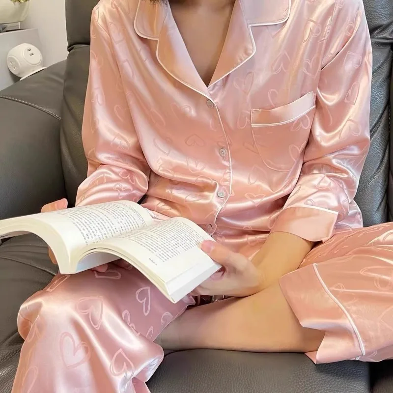 Ice silk Pajamas female Spring and Autumn love loungewear autumn Ms. Sense of advanced Plus-size suit sexy sleepwear