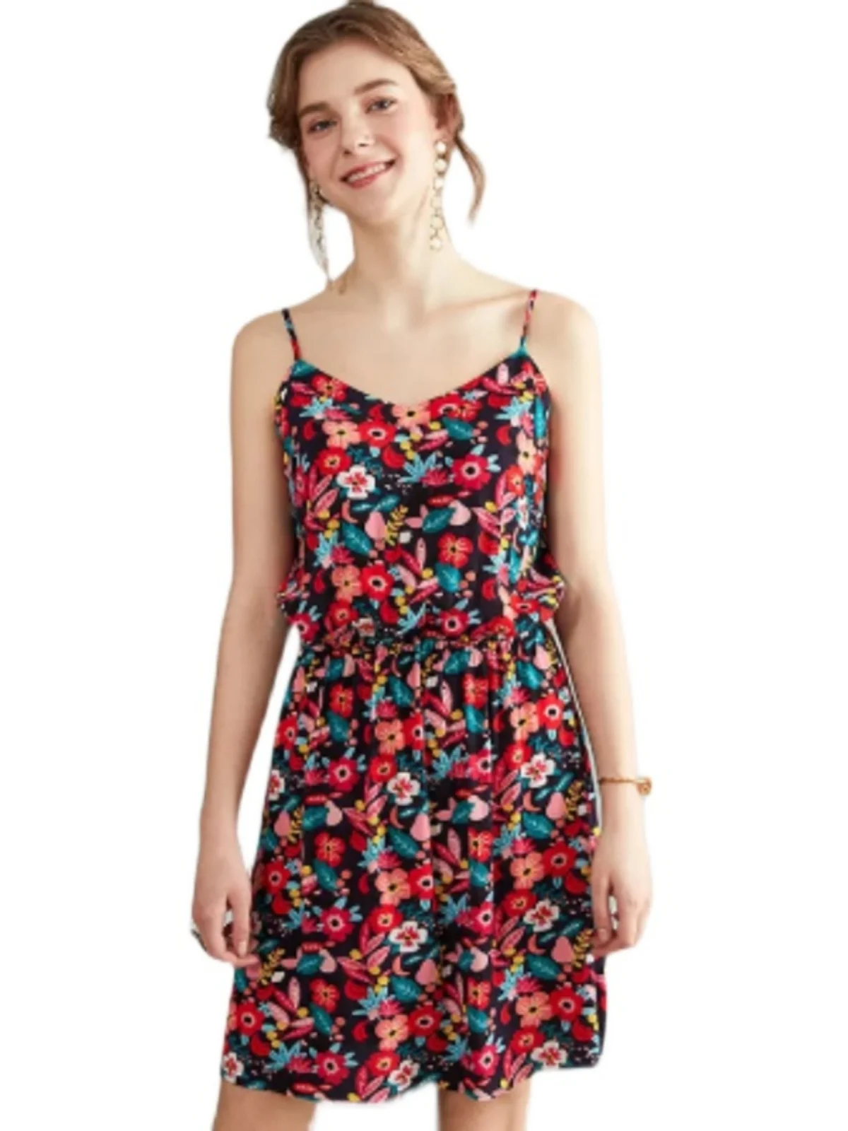 เดรสลายดอกไม้ทรงเอไลน์เอวสูงสไตล์ลำลองสำหรับผู้หญิง รุ่น V-Ne Svel Dr