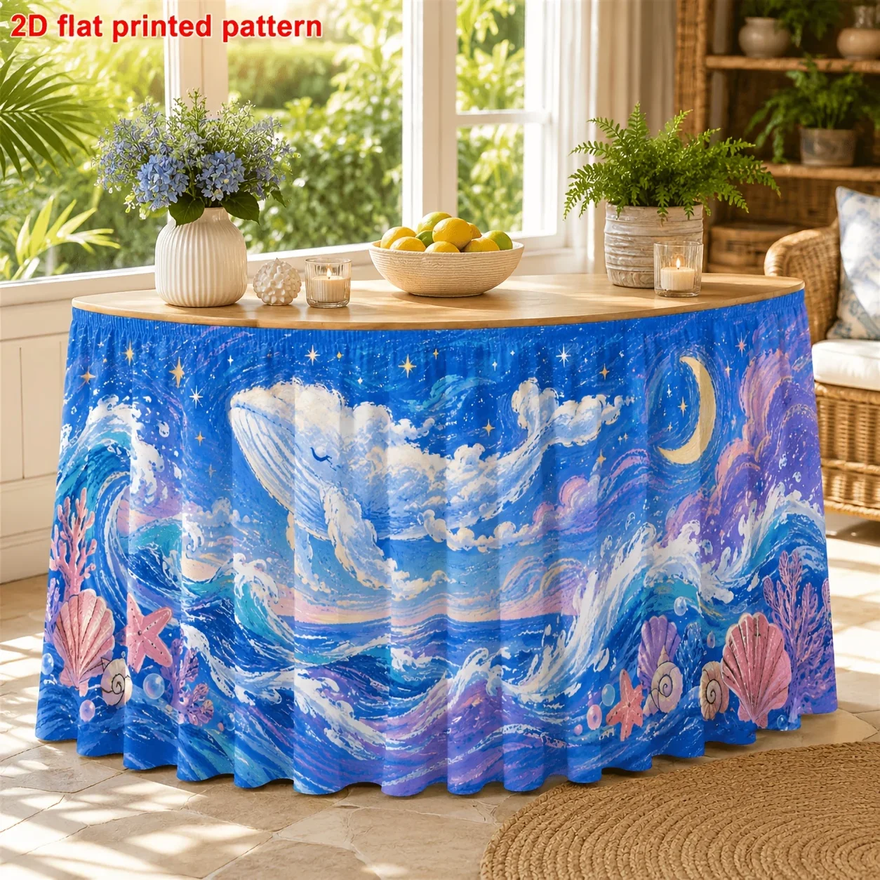 One tablecloth, featuring a dreamy ocean whale print, with waves, stars, moon, shells, etc.
