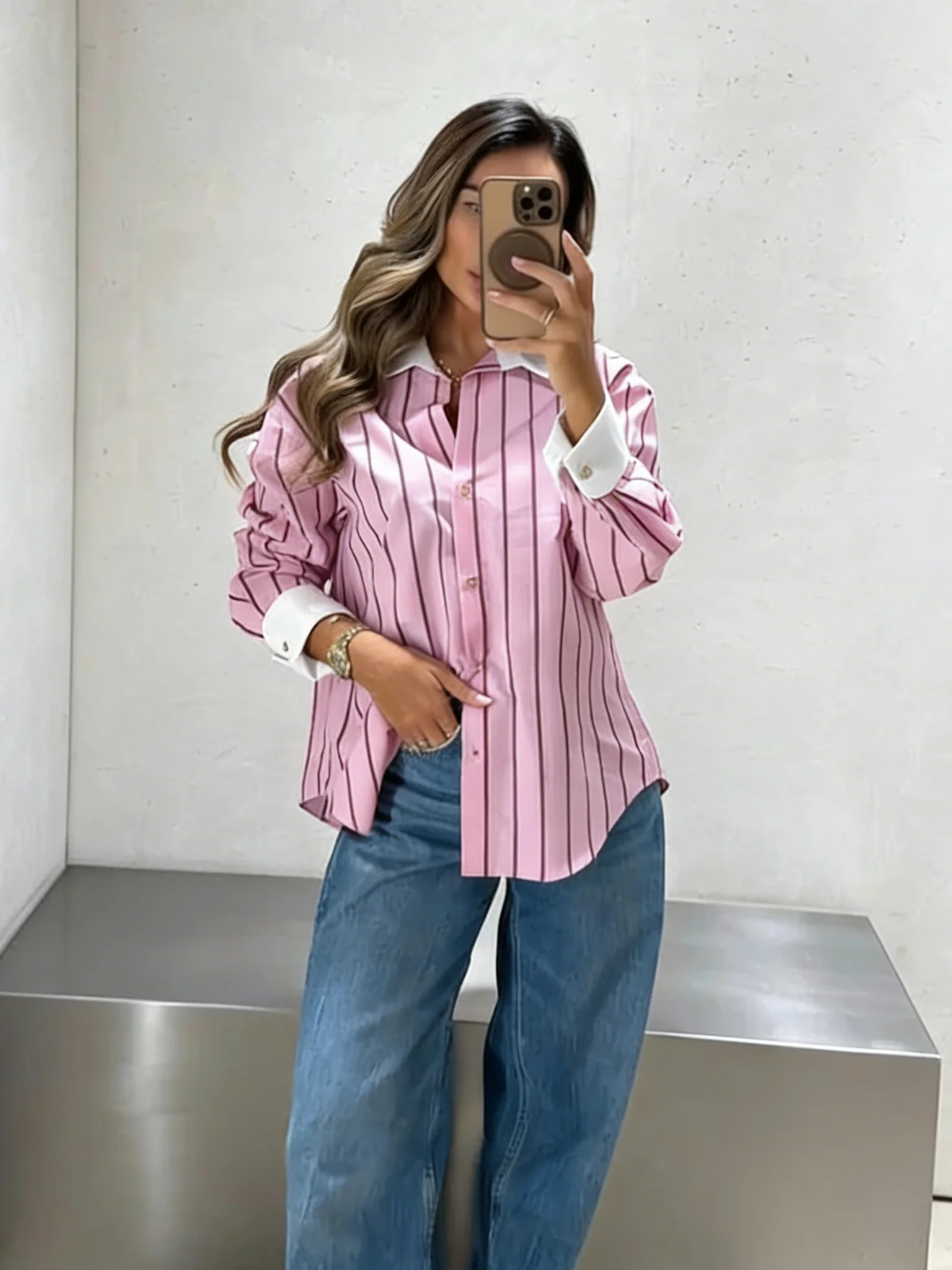 

Spring New Fashion Pink Striped Loose Women Shirts Tops Chic V-neck Single-breasted Full Sleeve Female Blouse Tops