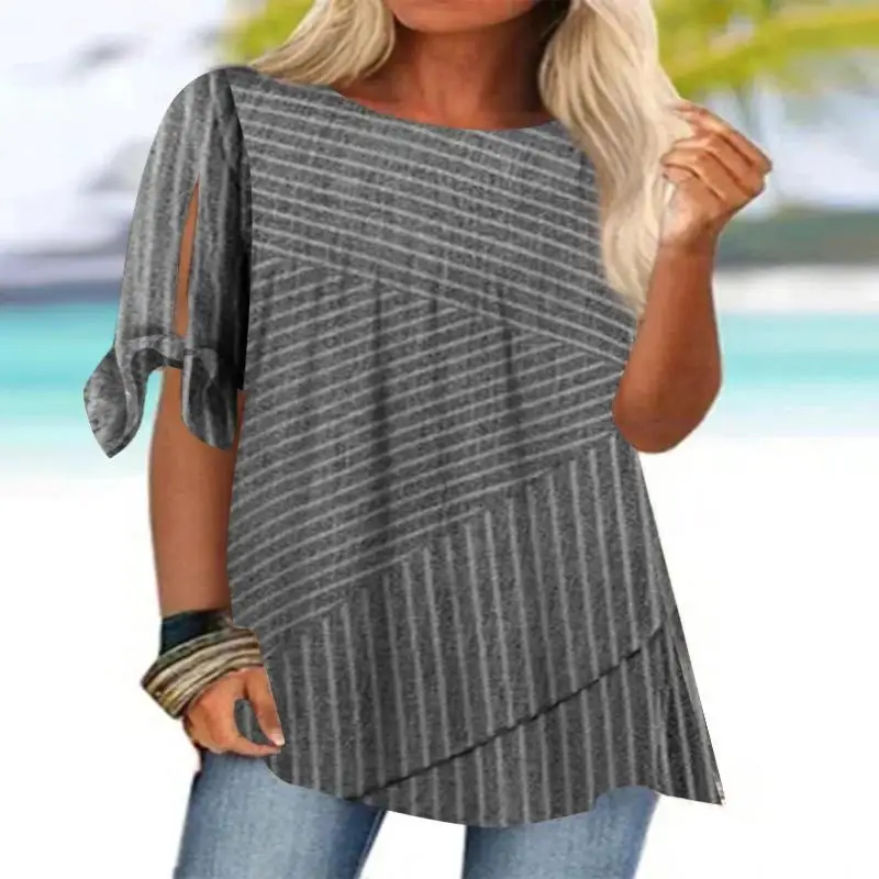 

Plus Size Women Half Sleeve Scoop Neck Striped Stitching Women Tops