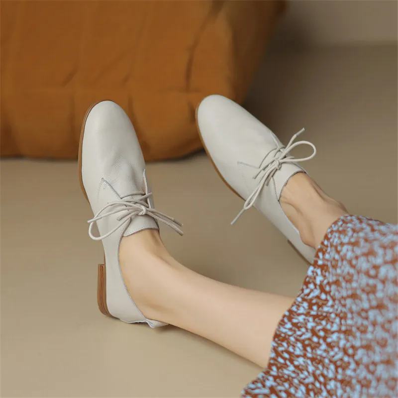 New Genuine Leather Loafers Spring/Autumn Round Toe Chunky Heel Women Pumps Lace Shoes for Women Ladies Shoes Comfort Low Heels