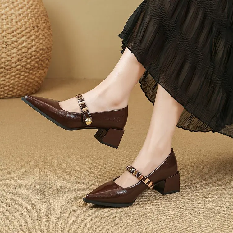 

2026 new women's pointed shoes Mary Jane high heels fashion shoes elegant metal buckle strap ladies office high heels