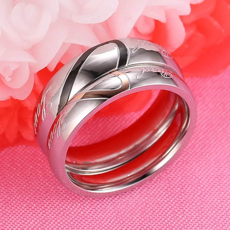 الفضة اللون زوجين خاتم جودة الفولاذ المقاوم للصدأ القلب التحالف الدائري للنساء الرجال كامل الحجم 4-15 هدية لمحبي