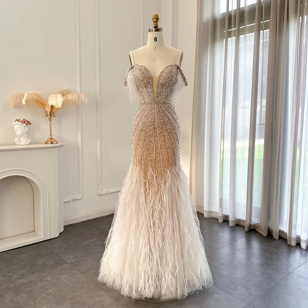 

Sharon Said Luxury Feather White Nude Prom Evening Dress Mermaid Navy Blue Wedding Formal Party Gown SS121 Customized