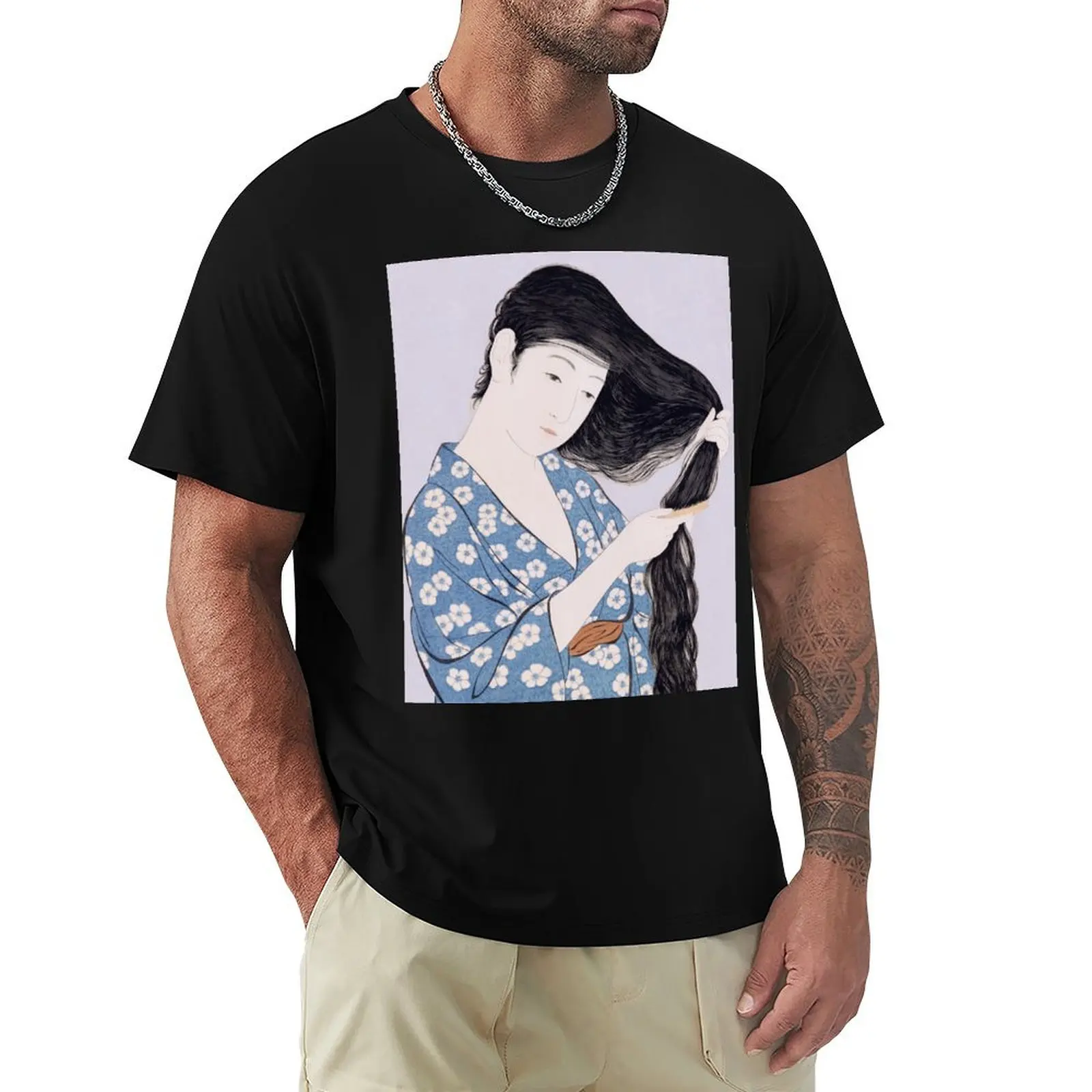 Arte japonés - Mujer peinando el cabello de Goyo Hashiguchi, camiseta con estampado elegante y manga corta