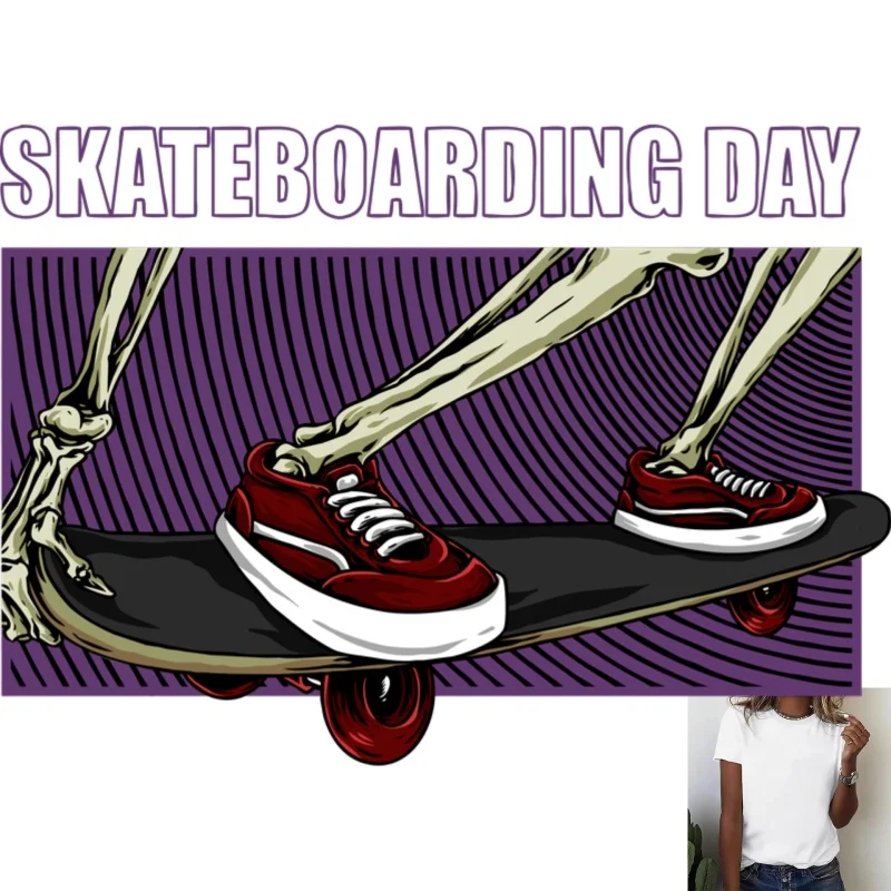 Skateboarding Day Skeleton Skate Shoes Heat Transfer White Ink Iron - on, Suitable for T - shirts/Canvas Bags, Street Style,
