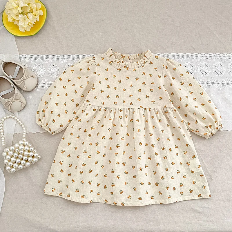 

Корейское платье-принцесса с длинным рукавом для девочек, весна-осень, новинка, с принтом, с воротником, детская юбка, наряд для малышек