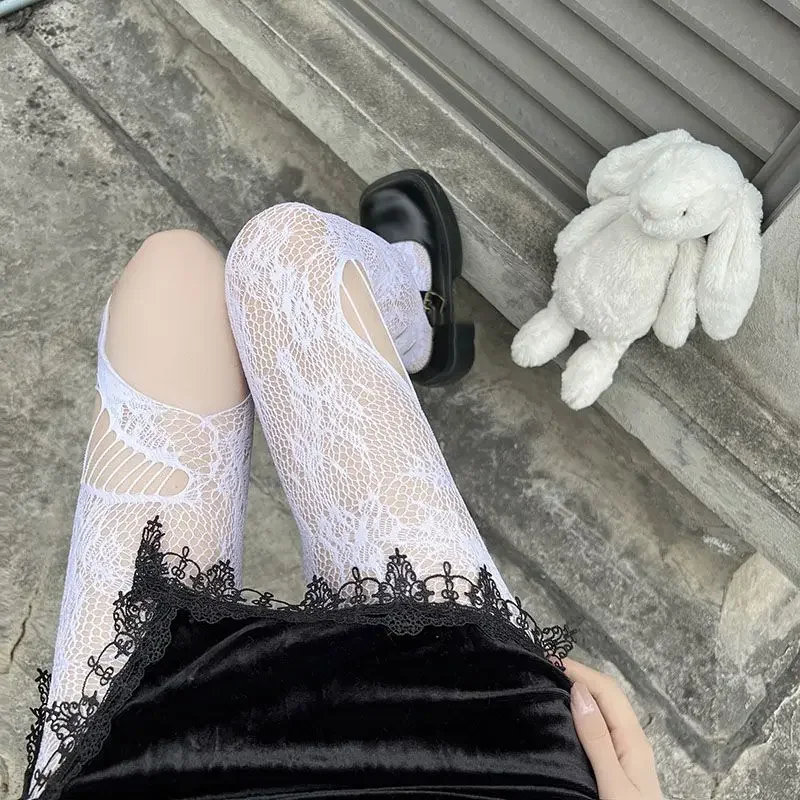 Collants résille floraux creux gothiques pour femmes, Harajuku Lolita, trous de mendiant déchirés irréguliers, collants en maille, bas de corps sexy