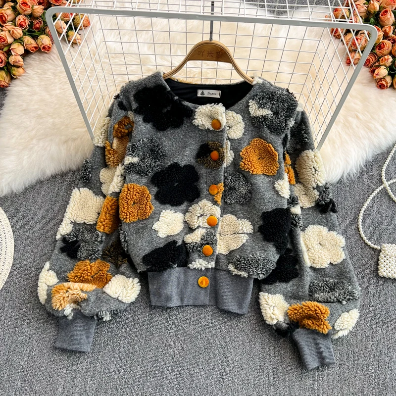 Chic Vintage round Neck 3D Flocking Flower Single Button Loose Bubble Sleeve Open Cardigan Short Jacket Women's Fashion