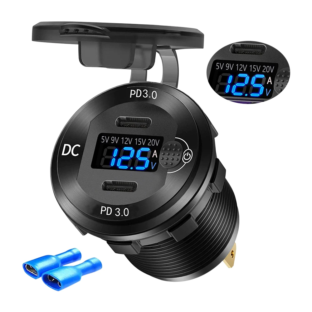 Aluminium Alloy Car USB Charger Socket Dual PD 3.0 Fast Charging With Voltmeter and Power Switch For  12-24V  Car Motorcycle