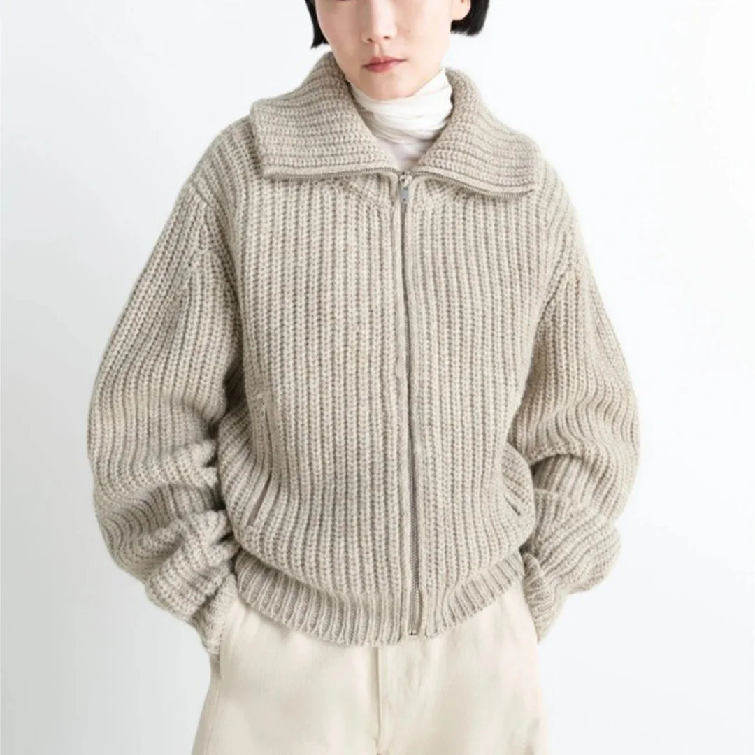 

Осень/зима модный вязаный кардиган на молнии плащ простой массивный ребристый свитер куртка для женщин4