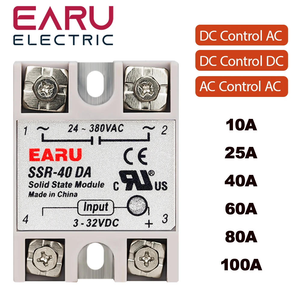 EARU Solid State Relay Single Phase SSR-25DA SSR-40DA SSR-40AA SSR-40DD SSR 10/25/40/60/80/100A DD DA AA PID Temperature Control