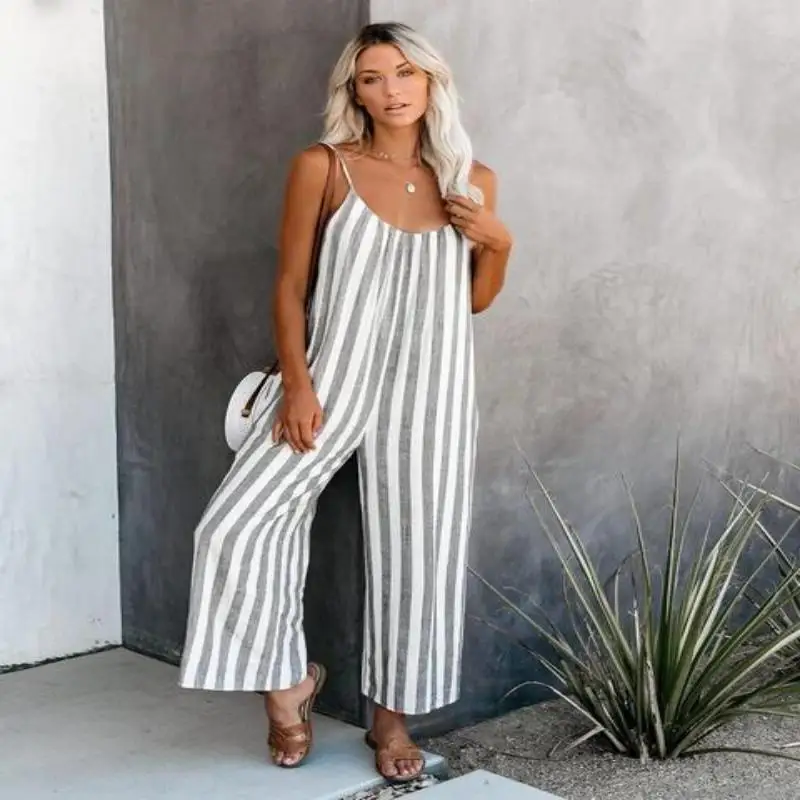 Summer Women Elegant Backless Sexy Striped Romper with Wide Legs