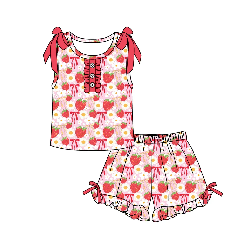 Wholesale Summer Girl Clothes Sleeveless Top Shorts Set Cartoon Floral Strawberry Bowknot Prints Girl Outifit Set