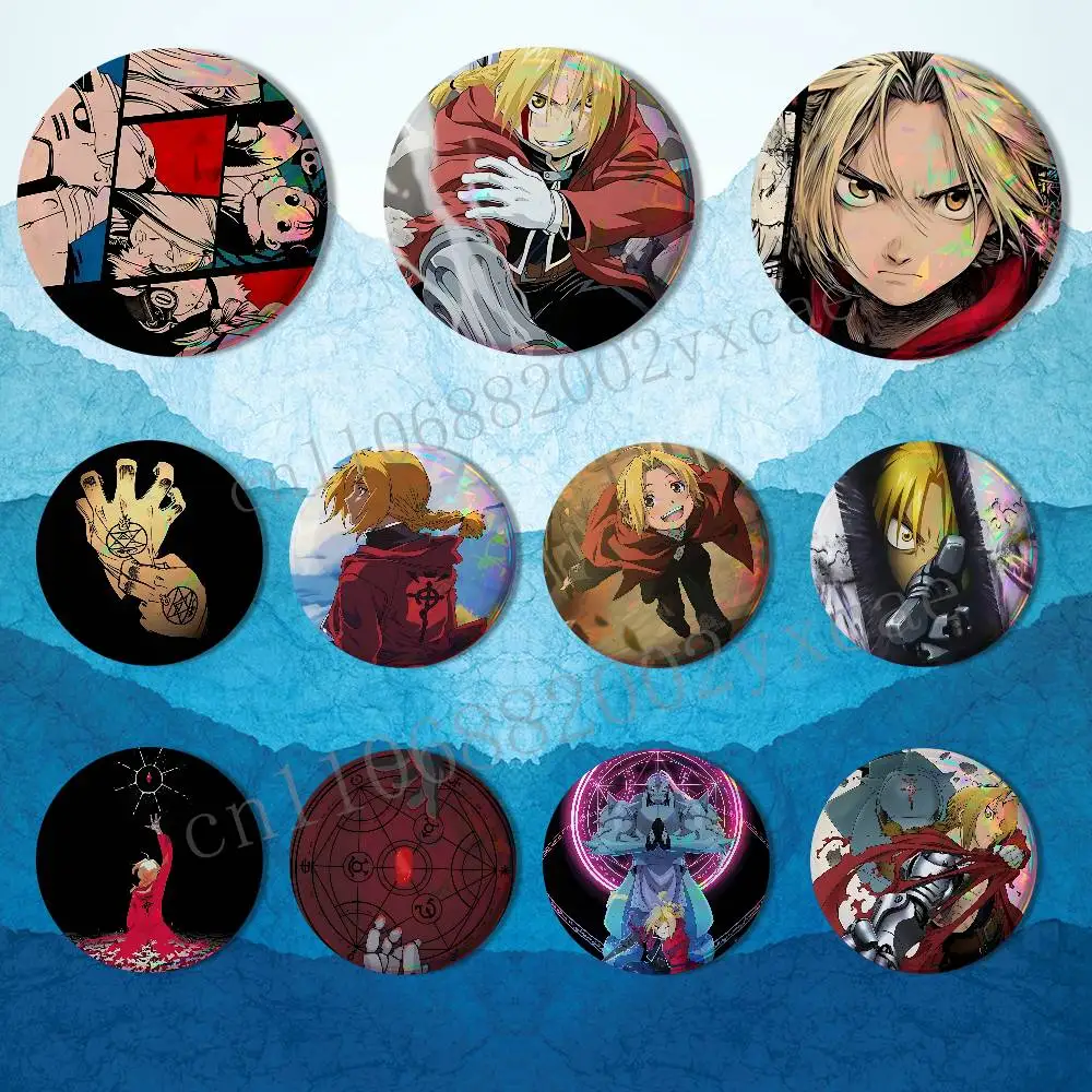 

E-Edward Fullmetal Alchemist Badge on Backpack Clothes decoration Tinplate Round Brooch Funny Custom Gifts for Friend