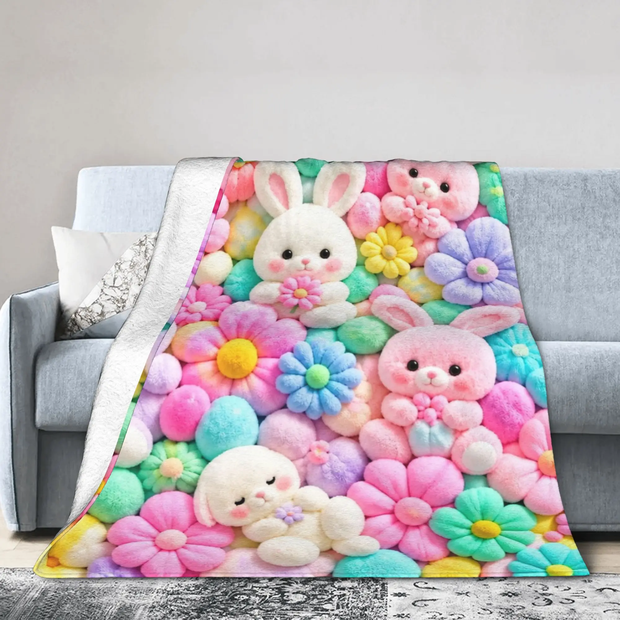 Bunny Rabbit Sweet Blanket Flannel Air Conditioning Candy Flower Multifunction Thin Throw Blankets for Sofa Bedroom Rug Piece