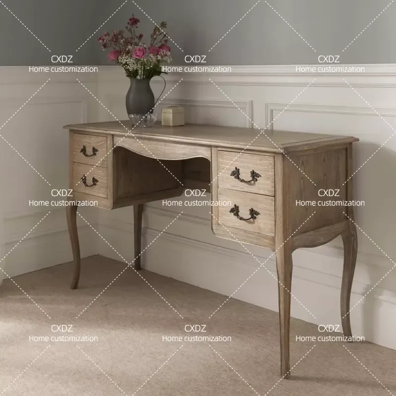 American Solid Wood Carving Dresser Retro Country Style Antique European Design Vanity Table with Mirror for Bedroom