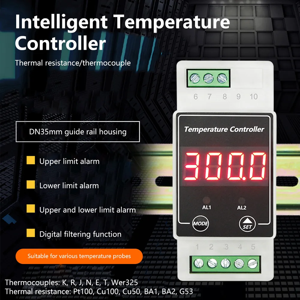 

DC8-24V AC100-240V DIN Guide Rail Thermostat LED Digital Temperature Controller Suppoet Thermal Resistance/Thermocouple Sensor