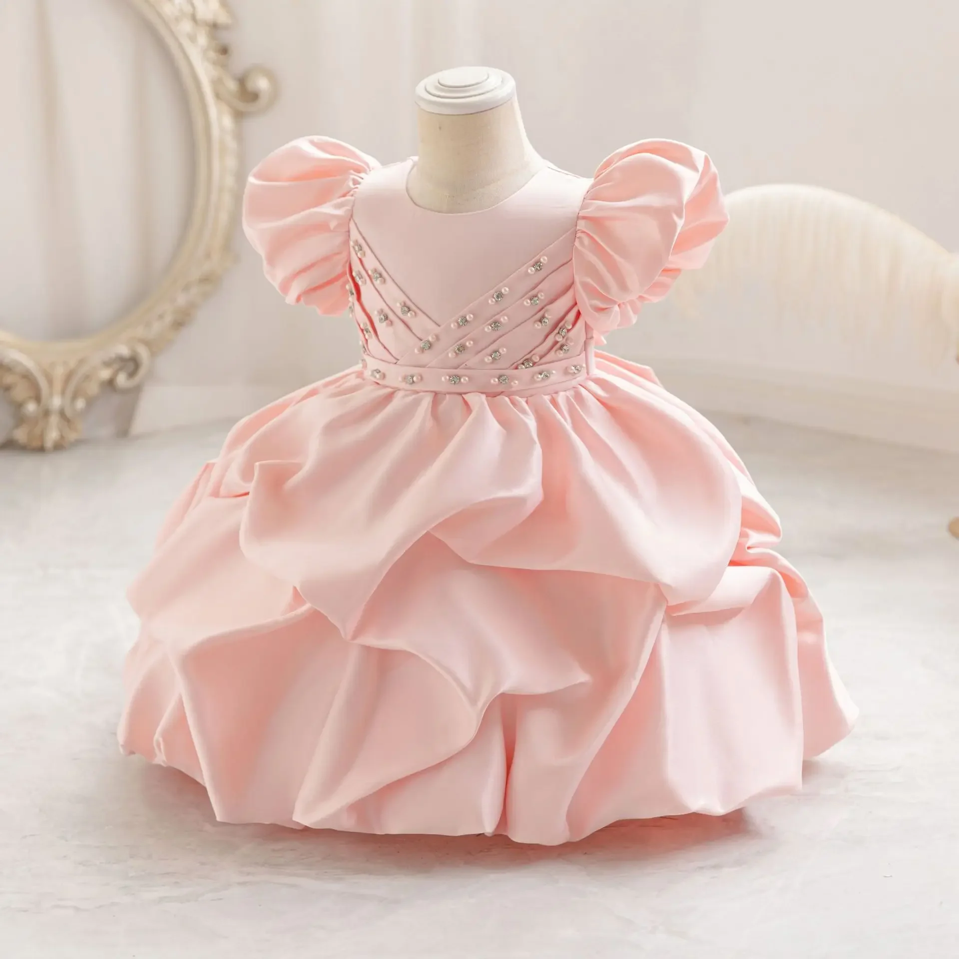 Summer Satin Baby Girls Crystal Embellished Dress Formal Holiday Ball Gown for Kids 1-5 Years Girls Party Christmas Prom