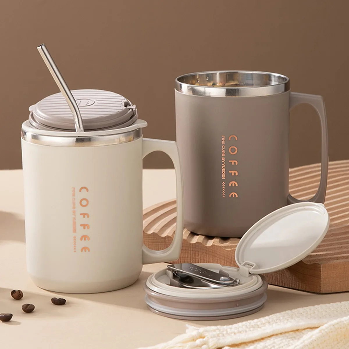 480ML Thermos Cup With Spoon&Straw 304 Stainless Steel Coffee Mug Reusable Leak-proof Drinking Cup Drinkware For Student Adult