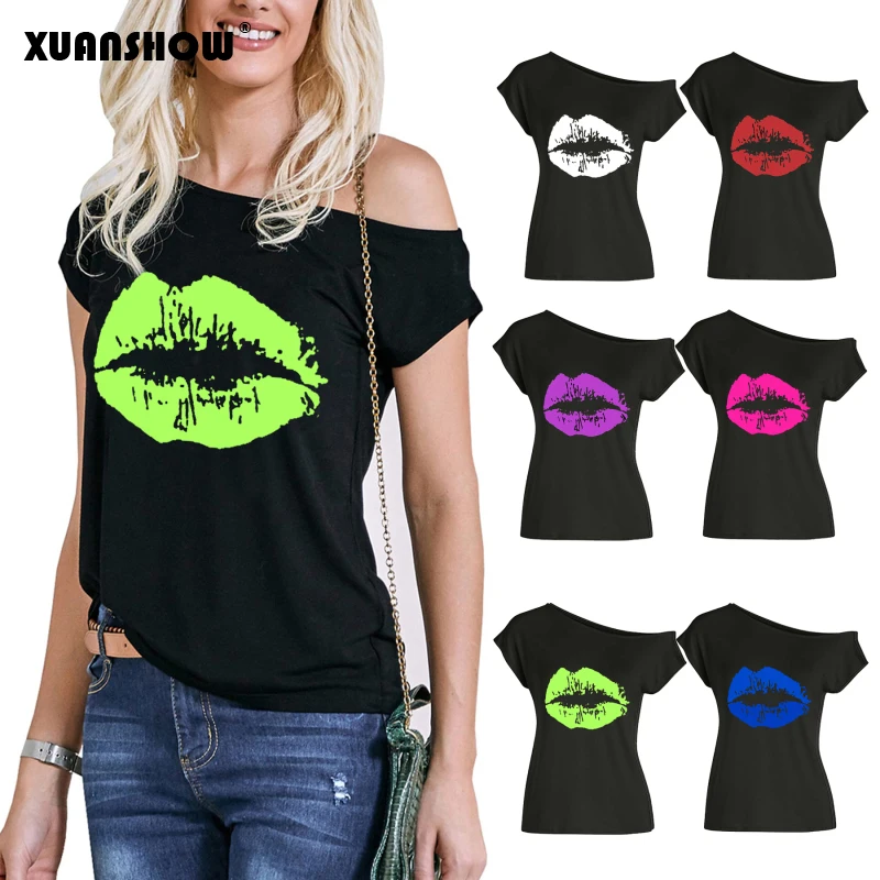 XUANSHOW 2024 Summer Sexy Women\'s Lips Print Causal Off The Shoulder Loose T-Shirt Tops