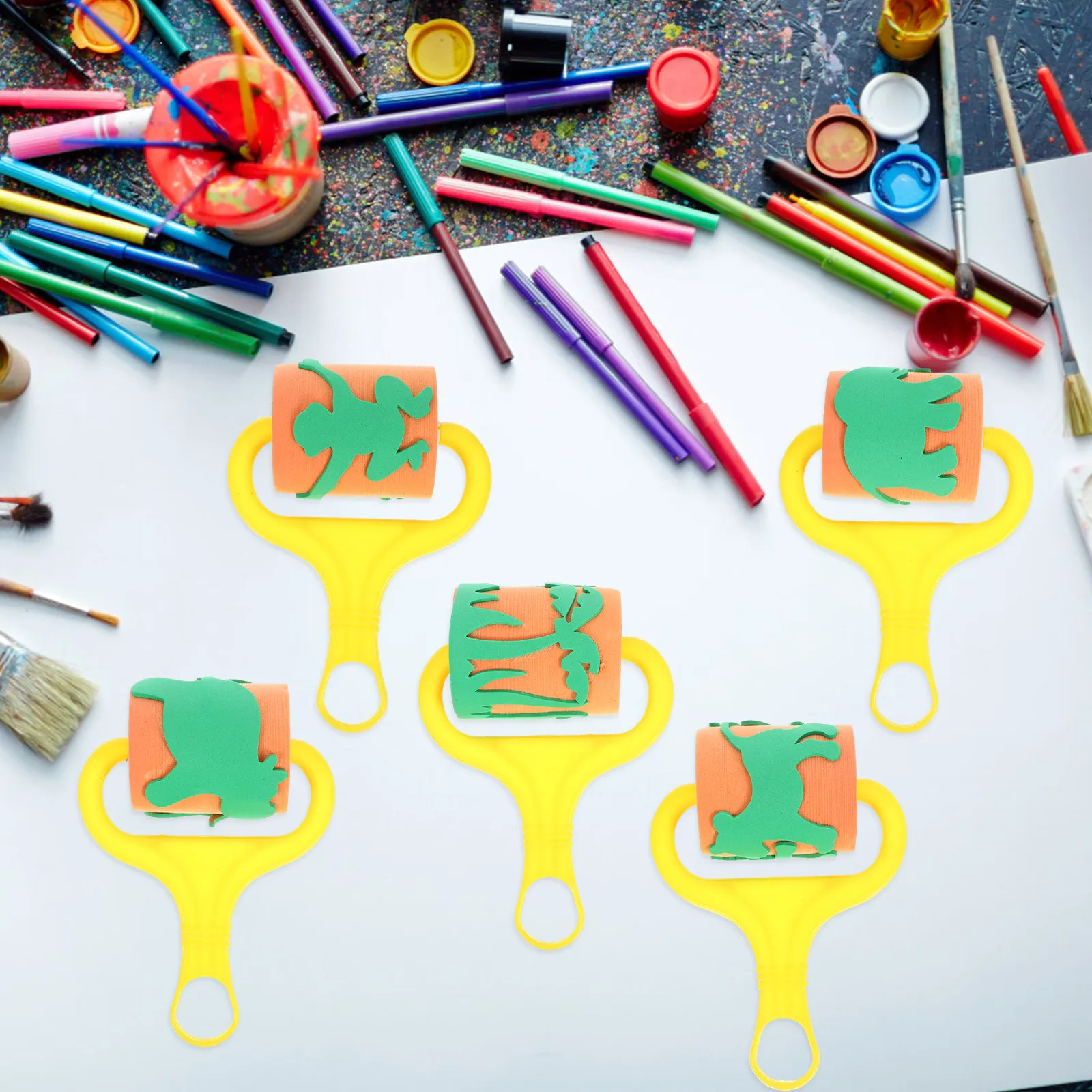

5pcs Animal Pattern Sponge Roller Doodle Painting Tools Creative Learning Art Craft Supplies Preschool Kindergarten Decor