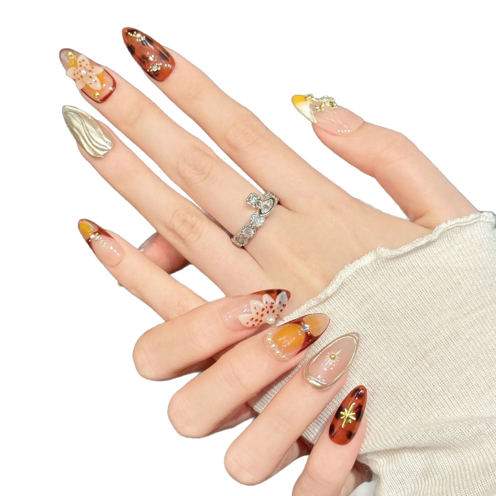 10 قطعة أظافر اللوز برتقالي أحمر متدرج بريق حجر الراين تصميم الأزهار الحلو كول فاخر اضغط على الأظافر اليدوية الأظافر كاذبة #4