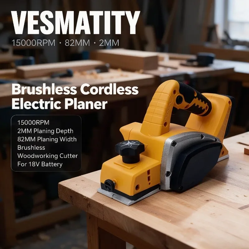 Vesmatity Cordless Electric Planer Brushless 15000RPM 2MM Planing Depth 82MM Planing Width Woodworking Cutter for 18V Battery