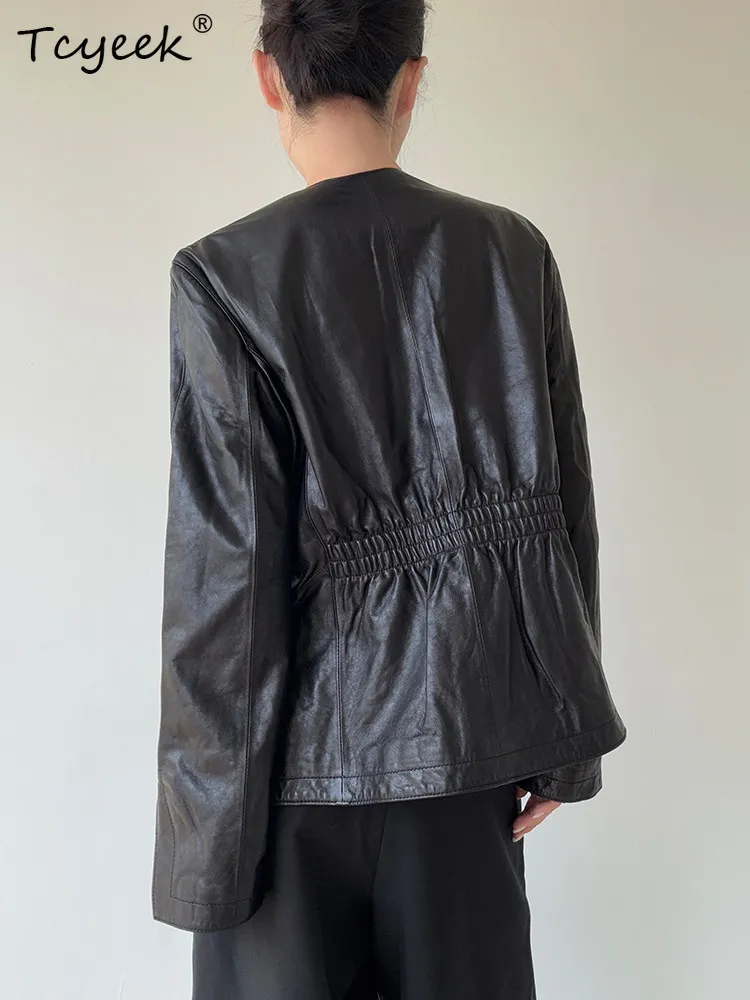 Tcyeek 本革ジャケット女性春秋服オイルワックスシープスキンレザーコートレディースコート 2025 Jaqueta Feminina Couro